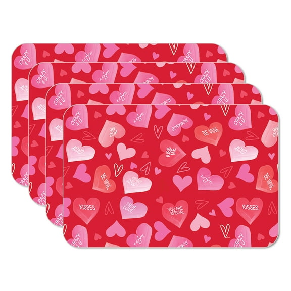 CounterArt "Candy Heart Messages" Pink & Red Flexible Plastic Tabletop Placemat 4 Pack