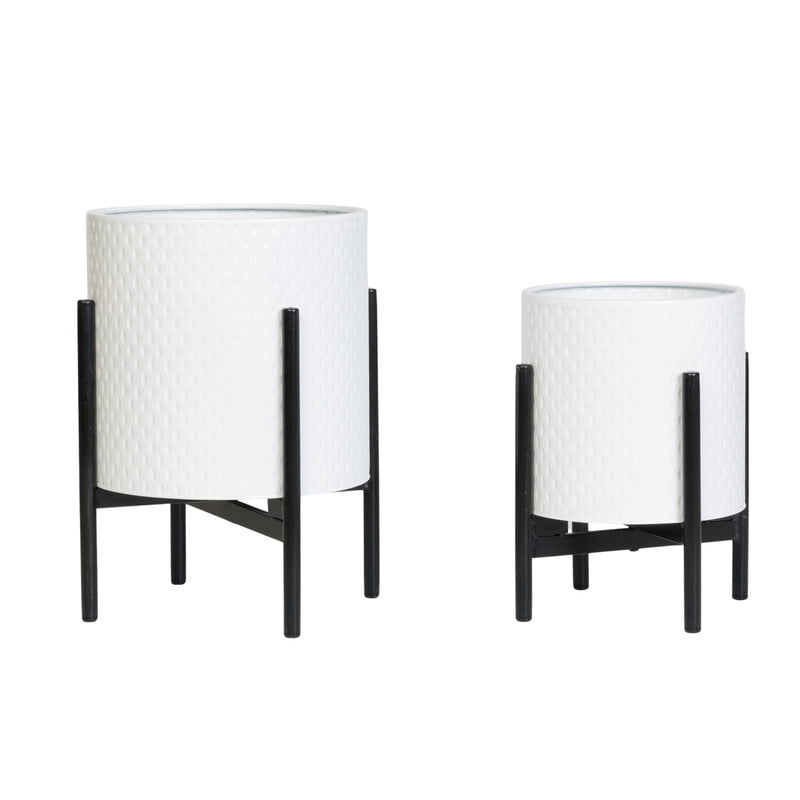 2-Piece Modern Metal Planter Pot With 4-Leg Black Metal Base - White - 14.75"H x 11.75"W / 12"H x 9.5"W