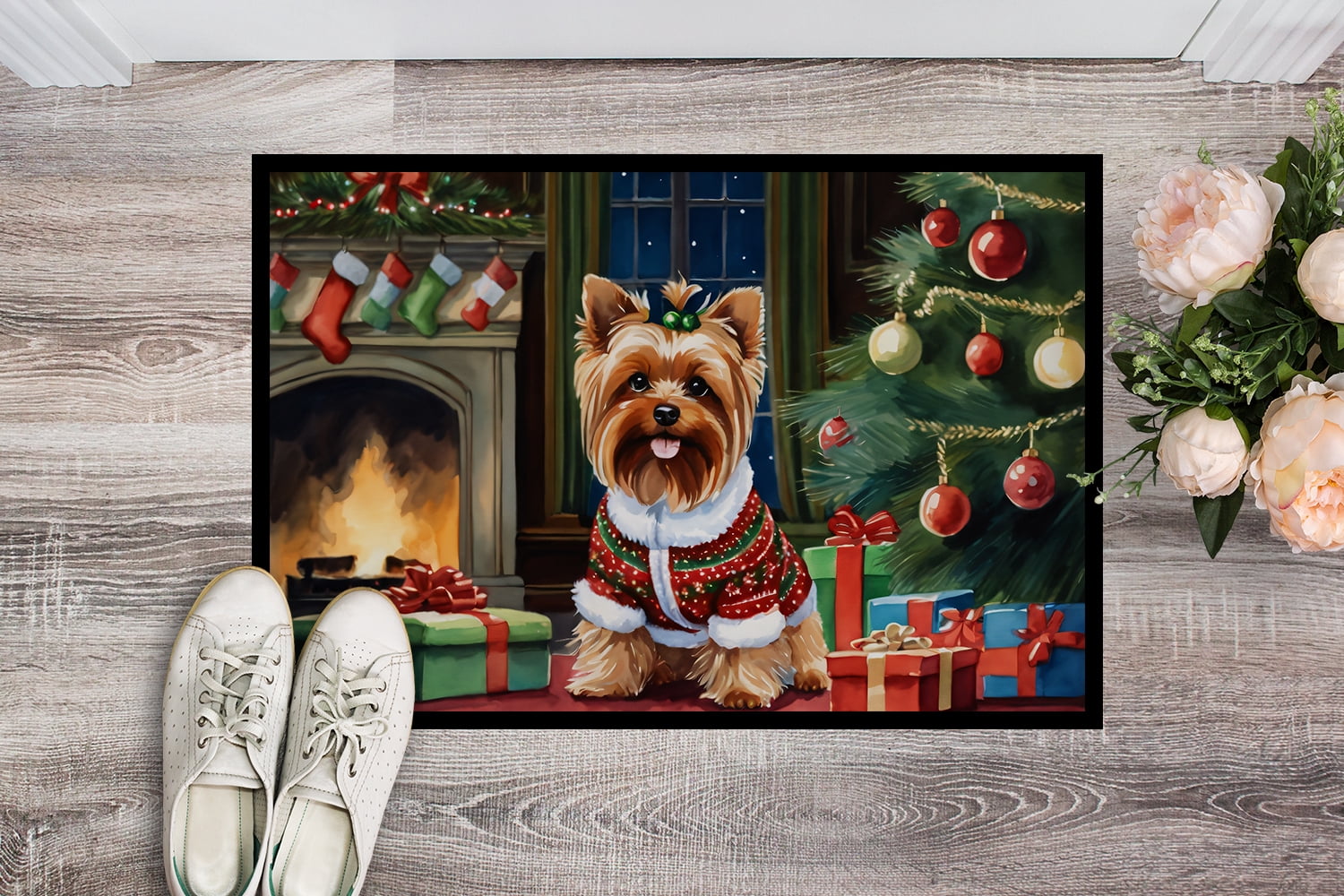 Carolines Treasures DAC2769MAT 0.15 x 18 x 27 in. Yorkshire Terrier Cozy Christmas Doormat
