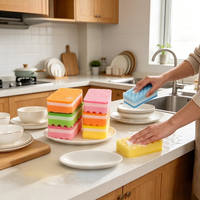 Miogawg 5 Pack Kitchen Sponge Scrubbers 3 Layer Wave Texture Scouring Pad For Dishes Pots Pans Non Scratch Cleaning
