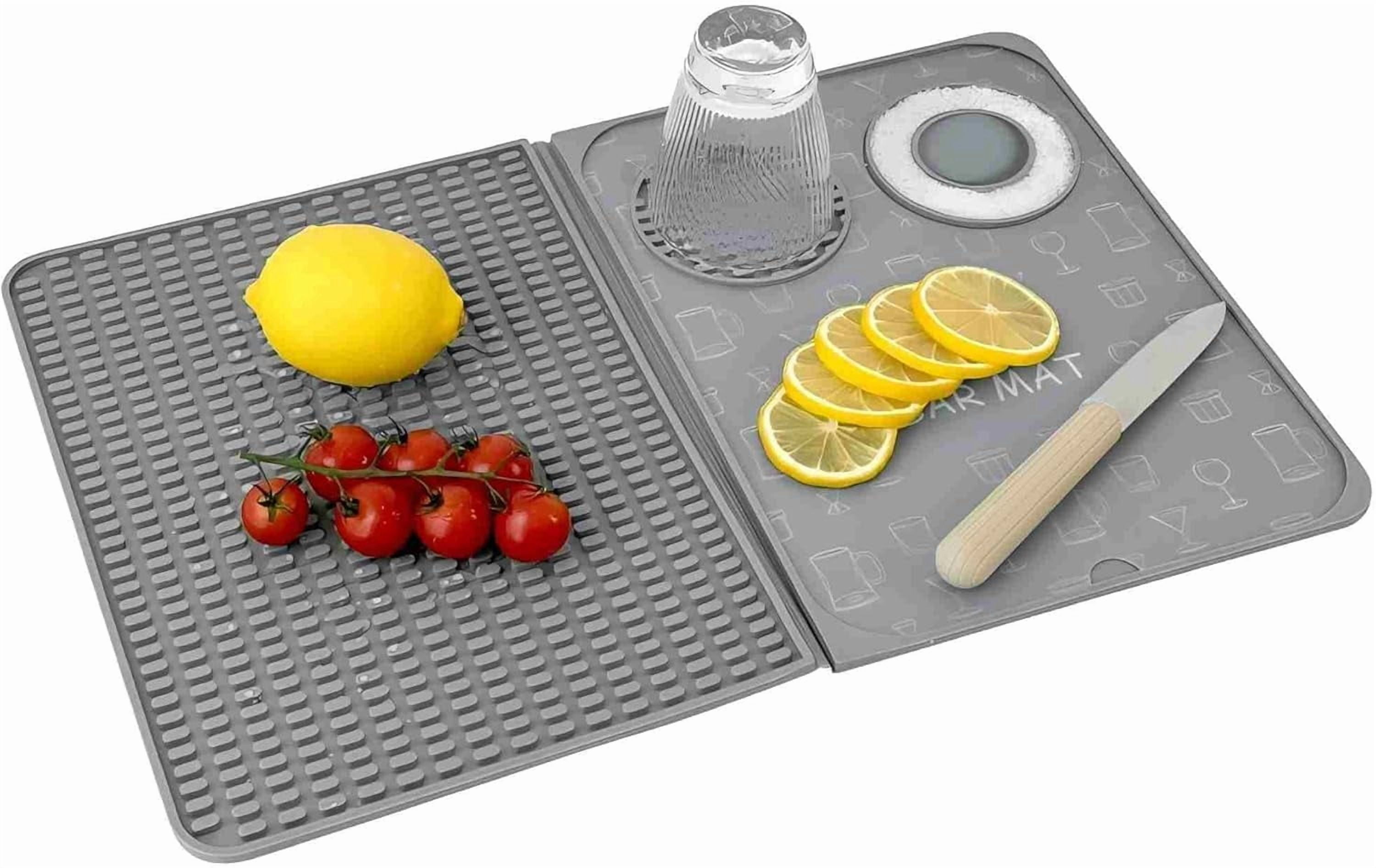 RGHJAR-Bar Mat, Bar Accessories, Multifunctional Folding Cocktail Mat with Cutting Board, 18" X 12"(Gray) Drying Mats,Bar Mat for Countertops,Bar Decorations for Home, Outdoor Bar Accessories,Travel