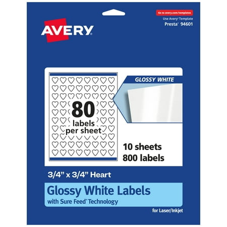 UPC: 0194793906196 | Avery Glossy White Heart Labels with Sure Feed  .75  x .75   800 Glossy White Labels  Print-to-the-Edge  Permanent Label Adhesive  Laser/Inkjet Printable Labels