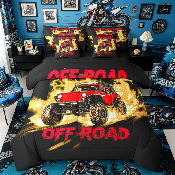 Castle Fairy Neon Off-Road Truck Twin Bedding Sets 7-Piece for Kids, Lightning Flame Design Bedding Comforter Set for Bedroom, Red Orange,Black Reversible