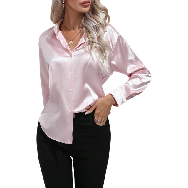 MAWCLOS Blouse pour Femmes Chemises Boutonnées Tunique à Col Hauts Décontractés Chemise à Manches Longues Rose m