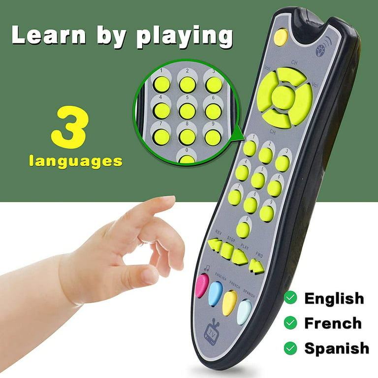 Baby Realistic TV Remote Control Toy with Light and Sound,Early Education Learning Stem Musical Toys with 3 Language English,French and Spanish Gift