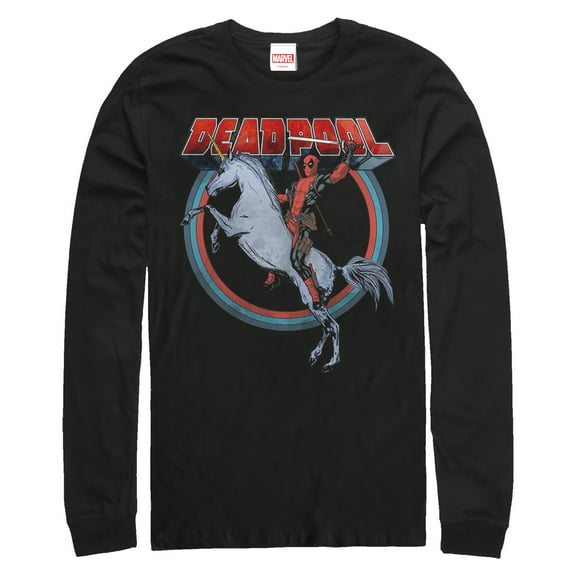 Men's Marvel Deadpool Rides Unicorn  Long Sleeve Shirt Black Large
