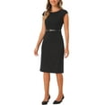 thumbnail image 4 of INSPIRE CHIC Women's Elegant Dress Cap Sleeve Belted Wear-to-Work Sheath Dresses S Black, 4 of 6