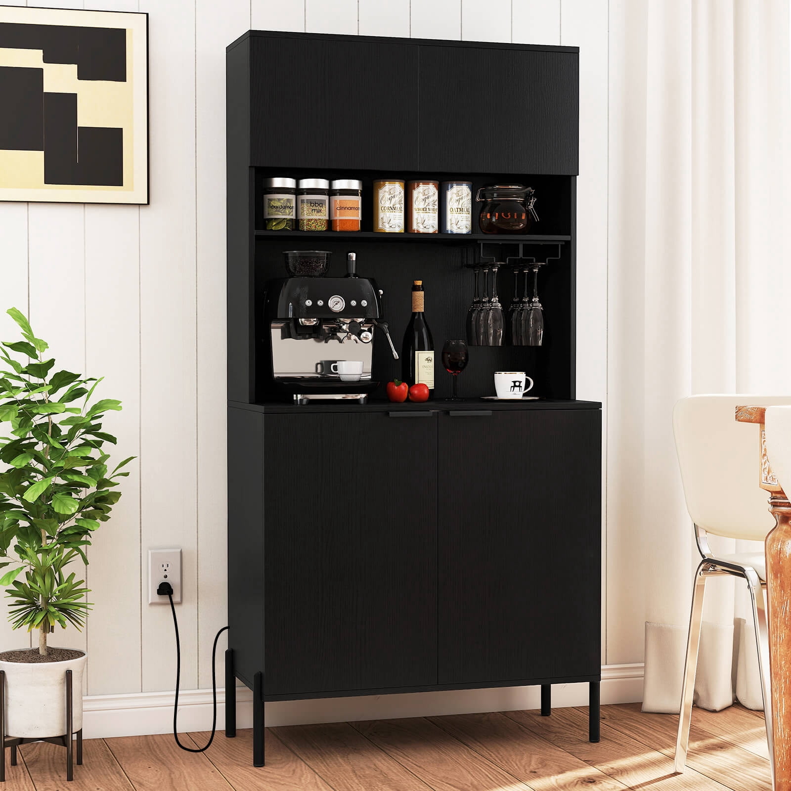 Costway 64.5” Kitchen Pantry Cabinet with Charging Station Wine Glass Rack Adjustable Shelf Black