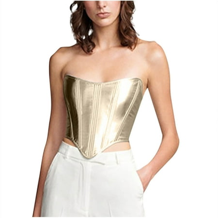 Kaemgyyd Womens Vintage Overbust Corset Fashion Glitter Sequin Going out Clothing Strapless Built-In Bra Bodyshaper Top for Party