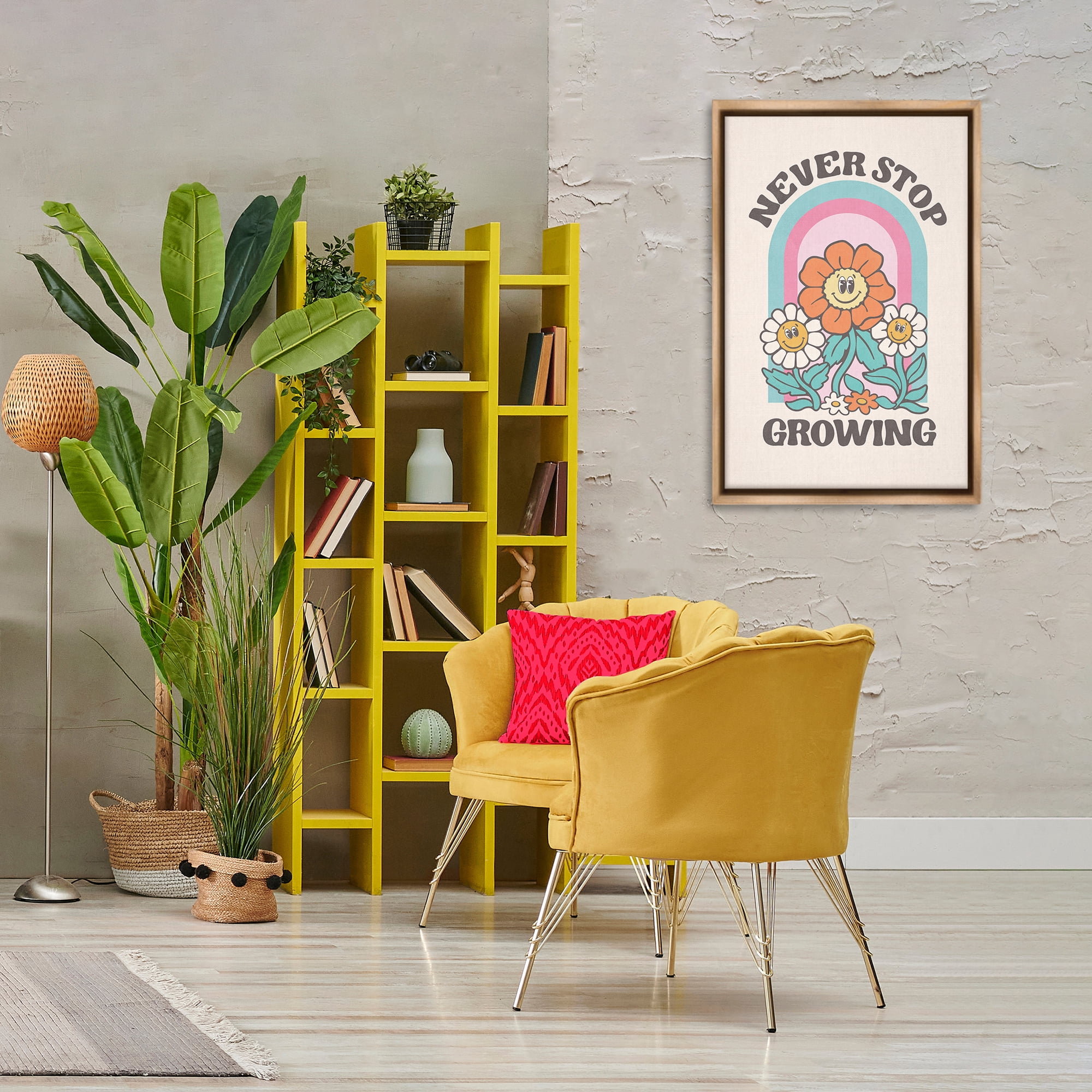 Stupell Industries Retro Never Stop Growing Plants & Flowers Painting Brown Floater Framed Canvas Art Print Wall Art, 21 x 31