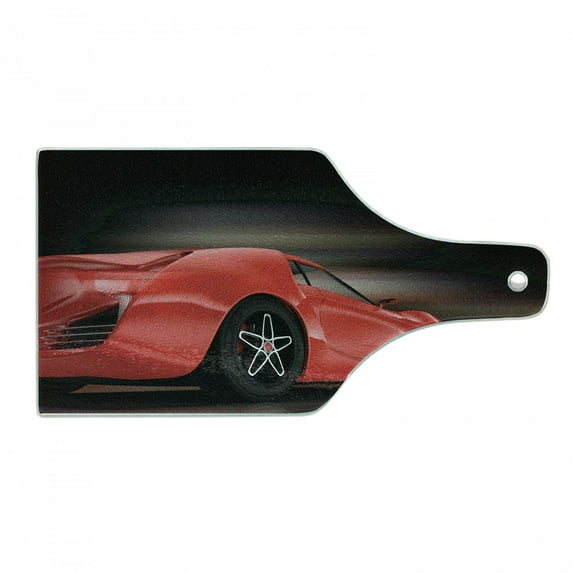 Cars Cutting Board, Rear View of a Futuristic Sports Car Motion Power Transportation Vehicle Sublime Theme, Tempered Glass Cutting and Serving Board, Wine Bottle Shape, Red Black, by Ambesonne