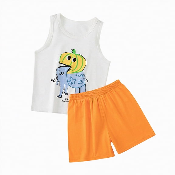KPOPLK Toddler Boy Sleeveless Outfit Set 2Pcs Cute Cartoon Print T-Shirt Shorts Baby Boy Summer Clothes Soft Cotton Sizes 2-10 Years Size 7-8 Years,Orange