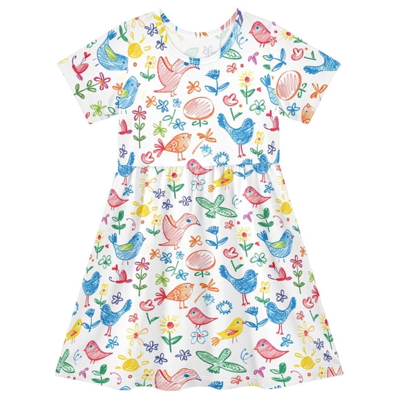 joogoo Cartoon Animal Birds Girls' Short Sleeve Dress Kids Dresses 5-6T