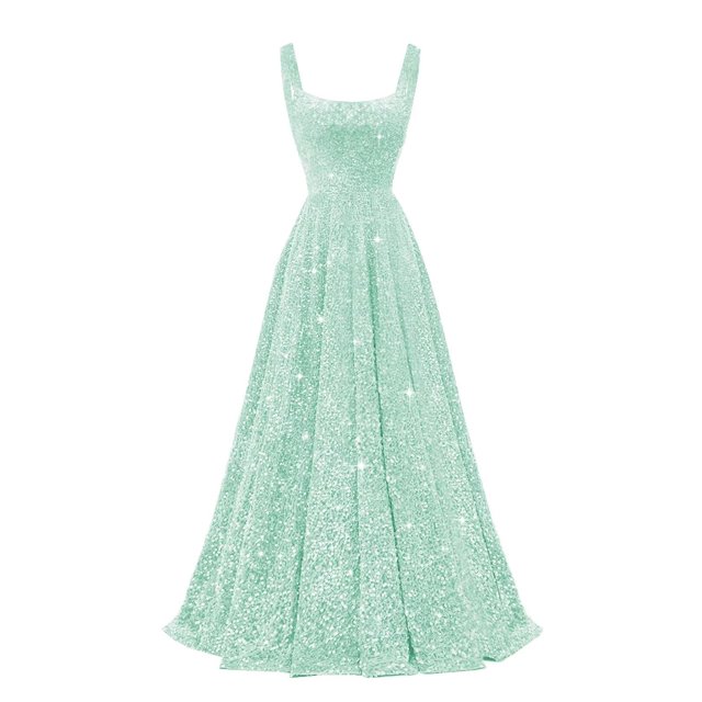 vestido de fiesta miao duo con lentejuelas brillantes y cuello cuadrado, color verde de línea A sin mangas con tirantes finos, cuello cuadrado, falda al suelo acampanada y espalda con cordones; tela de lentejuelas brillante en encuadre frontal centrado sobre fondo blanco; apto para bodas y galas y a menudo usado también en sesiones fotográficas formales.