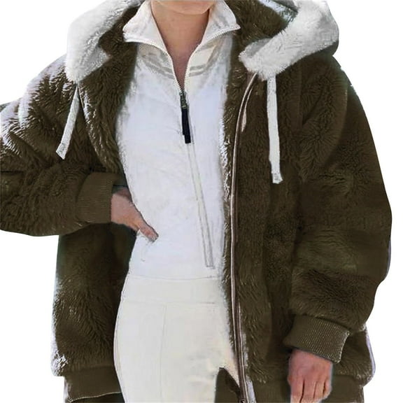 Baqcunre Autumn And Winter New Casual Fashion Loose Plush Zipper Hooded Coat Womens Coats Fleece Jacket Women Winter Jackets For Women,Women Clothing Coats For Women,Color Army Green,Size L