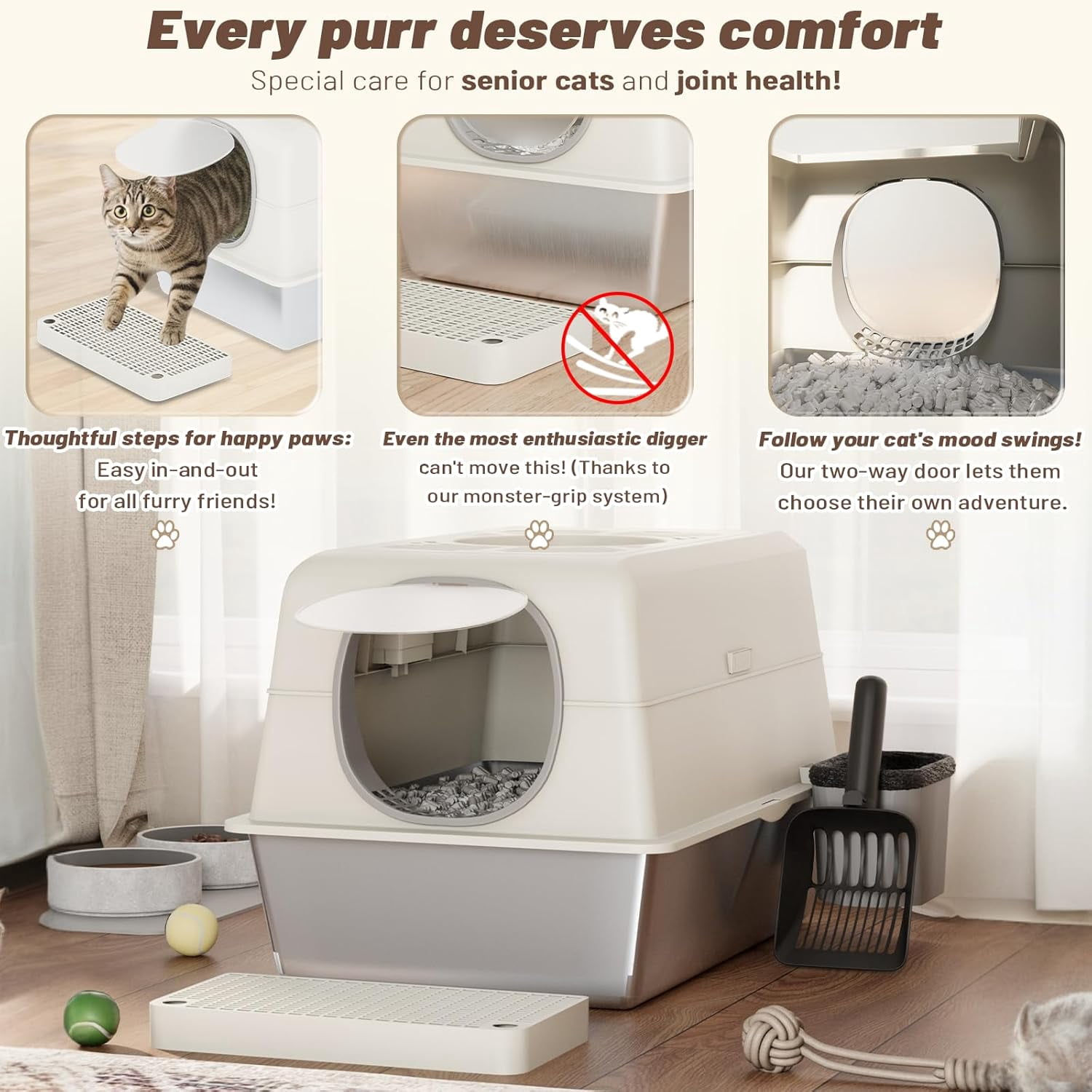 YODOLLA Extra Large Enclosed Stainless Steel Cat Litter Box with Lid, Front Dual-Door and Top Exit Metal Kitty Pan Box for Big Cats, w/ Litter Scoop, Box Step, Waste Bin & Trash Bags in White