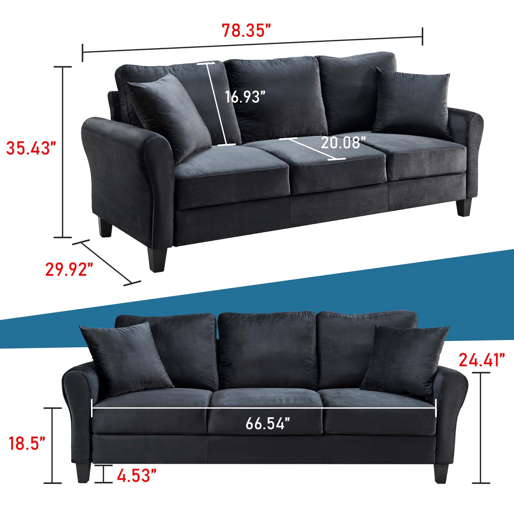 Aukfa 78.4" 3-Seater Sofa, Upholstered Sofa Couch for Living Room - Black
