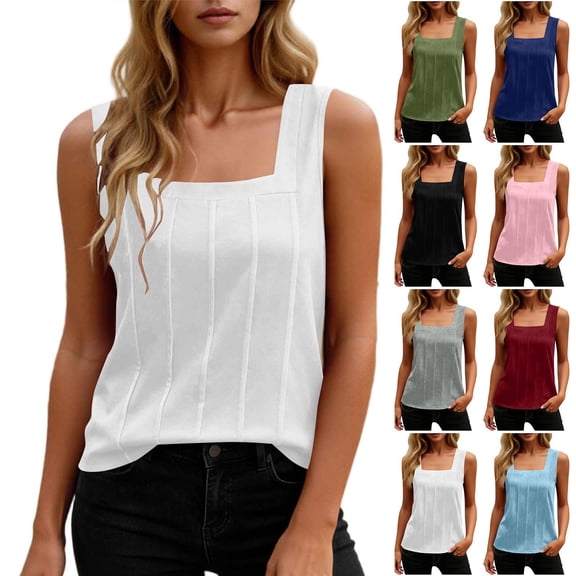 HomeDM Women's Sleeveless Tank Tops Square Neck Loose Fit Summer T-Shirts Solid Color Trendy Pleated Tops White Size L