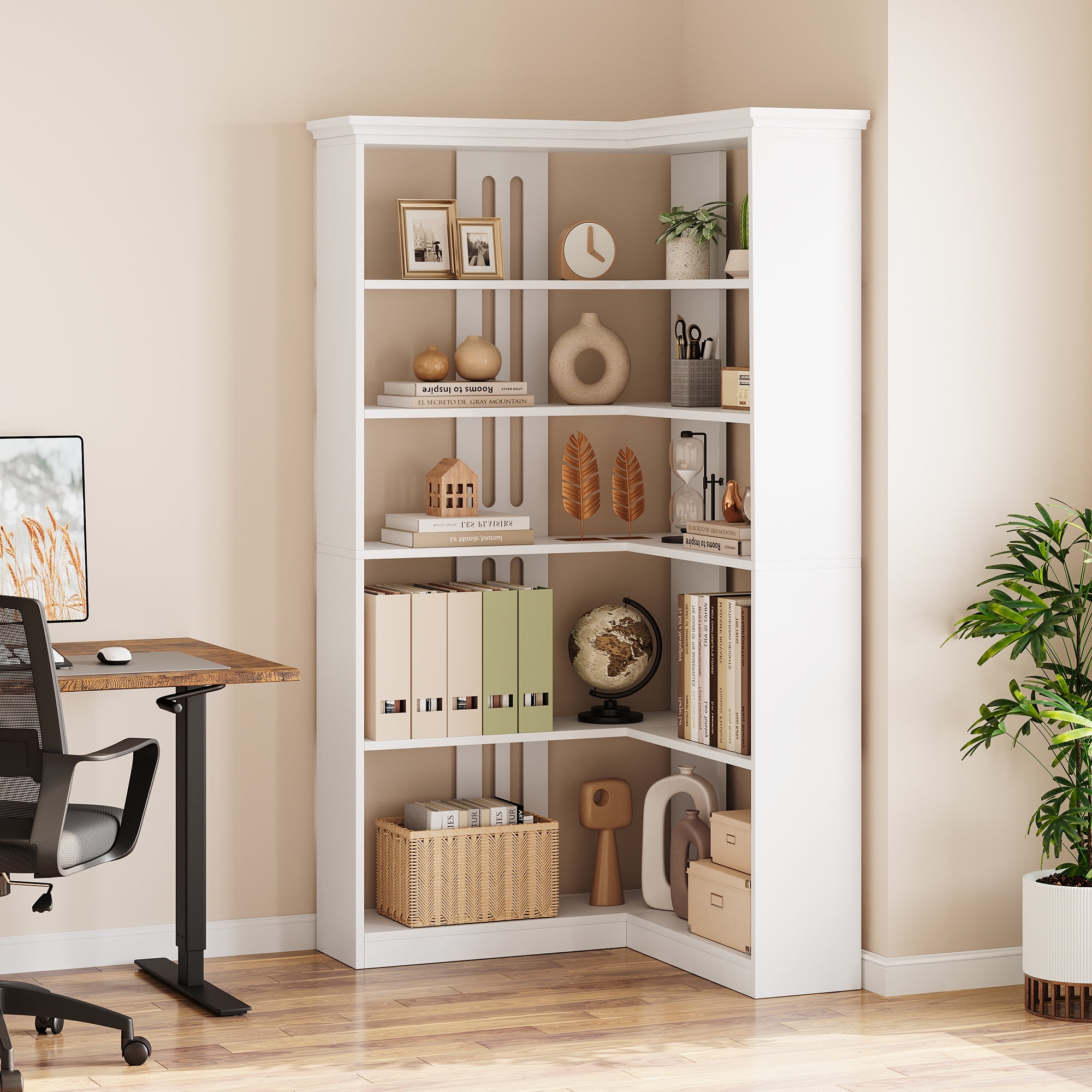 Riedhoff 72.8" Large Wood Bookcase, 5 Tier Corner Shelf, L Shaped, White