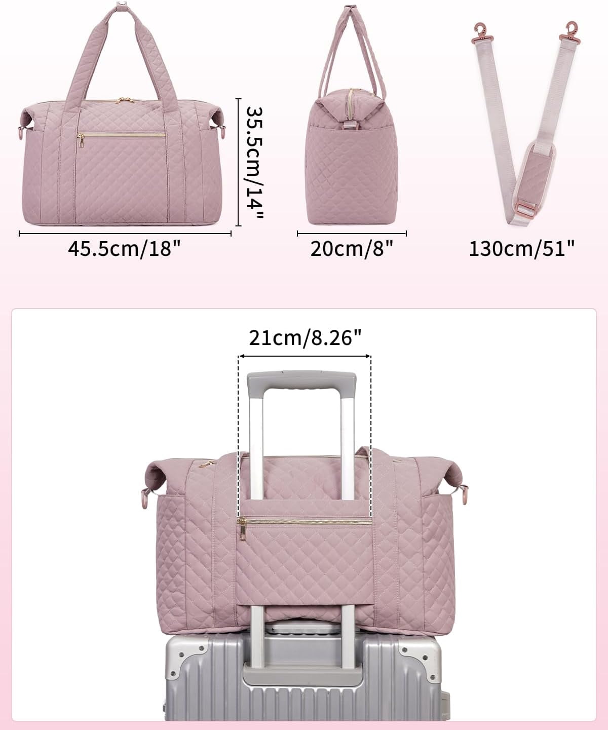 WANDF Travel Duffel Bags with Shoe Bag,Airline Approved Personal Item Bag for Women with Wet Pocket,Trolley Sleeve,Quilted Overnight Weekender Bag for Camping Gym Beach(Pink Bag)