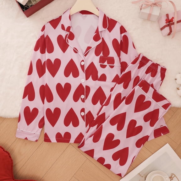 Womens Pajamas Set Valentine's Day Theme Print Long Sleeve Shirts Pants Casual Cozy Loungewear Nightwear 2 Piece Sets for Women Pink L