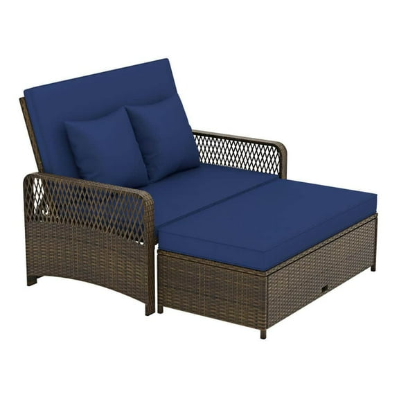 Spaco Patio Adjustable Wicker Daybed with 4-Level Backrest and Soft Cushions, Outdoor Patio Sectional Furniture Set, Navy