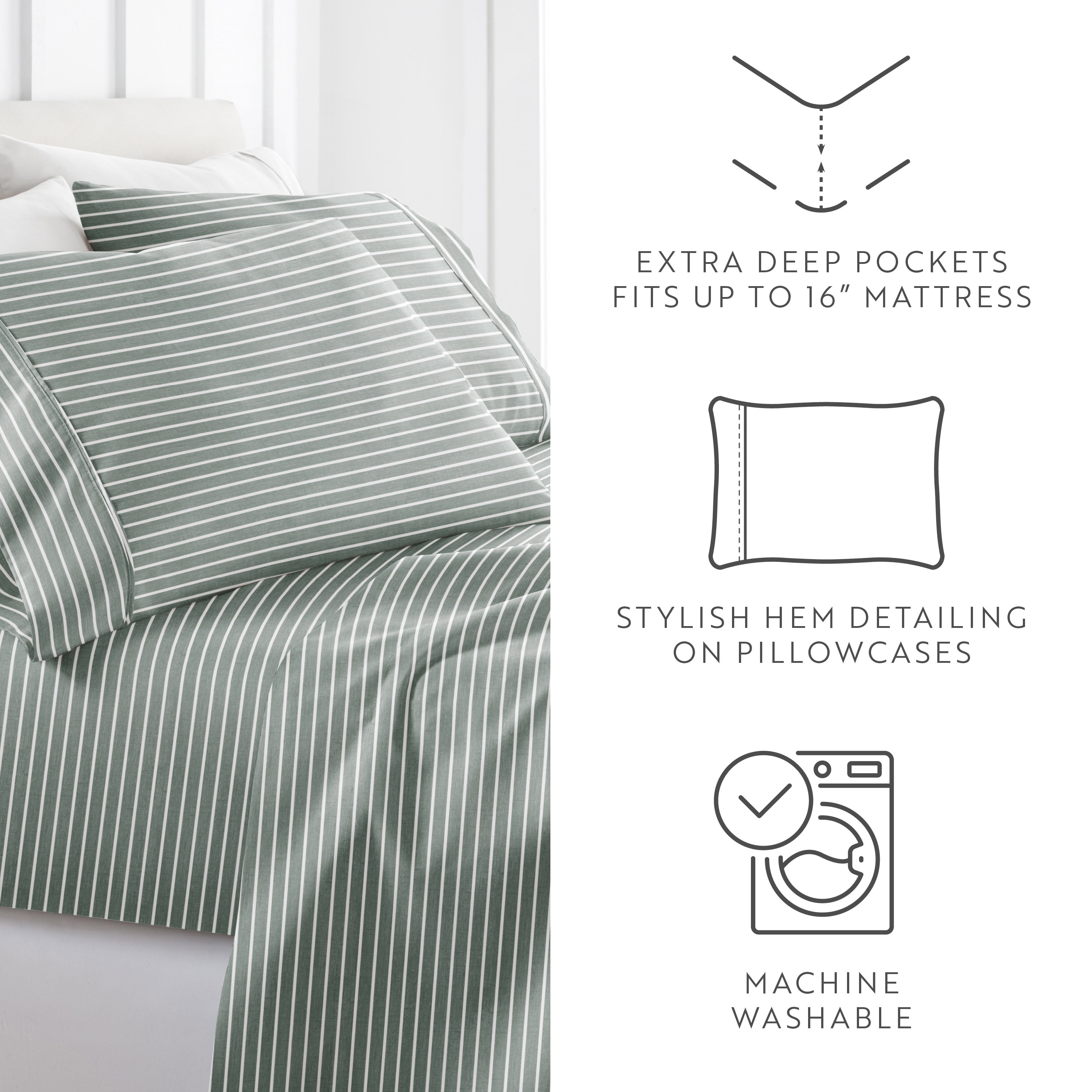 Noble Linens 4 Piece Pattern Microfiber Bed Sheet Sets, Soft Lines Eucalyptus, Cal King