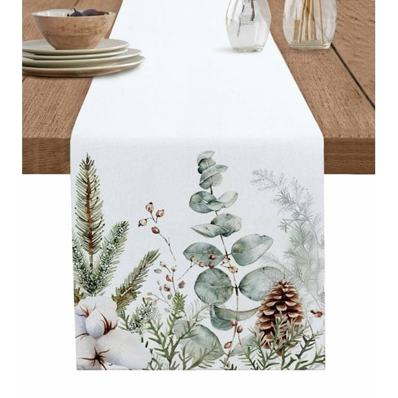 Ldtrchee Christmas Table Runner 72 Inches, Eucalyptus Leaves Xmas Pinecone Botanical Bed Runner Dresser Scarves Tabletop for Indoor Outdoor Parties/Ceremony/Banquet, 18" x 72"