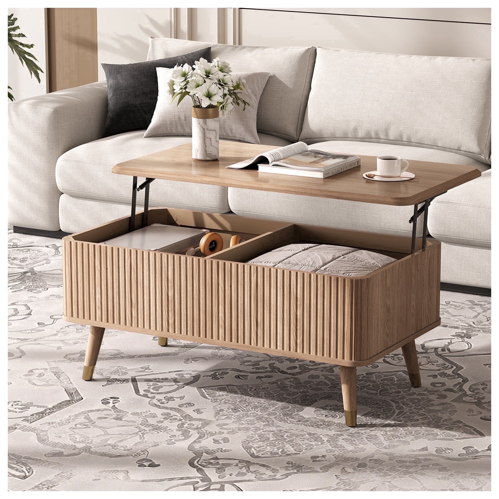 JOINICE Lift Top Coffee Table with Storage,Small Rectangle Center Table for Living Room,Oak