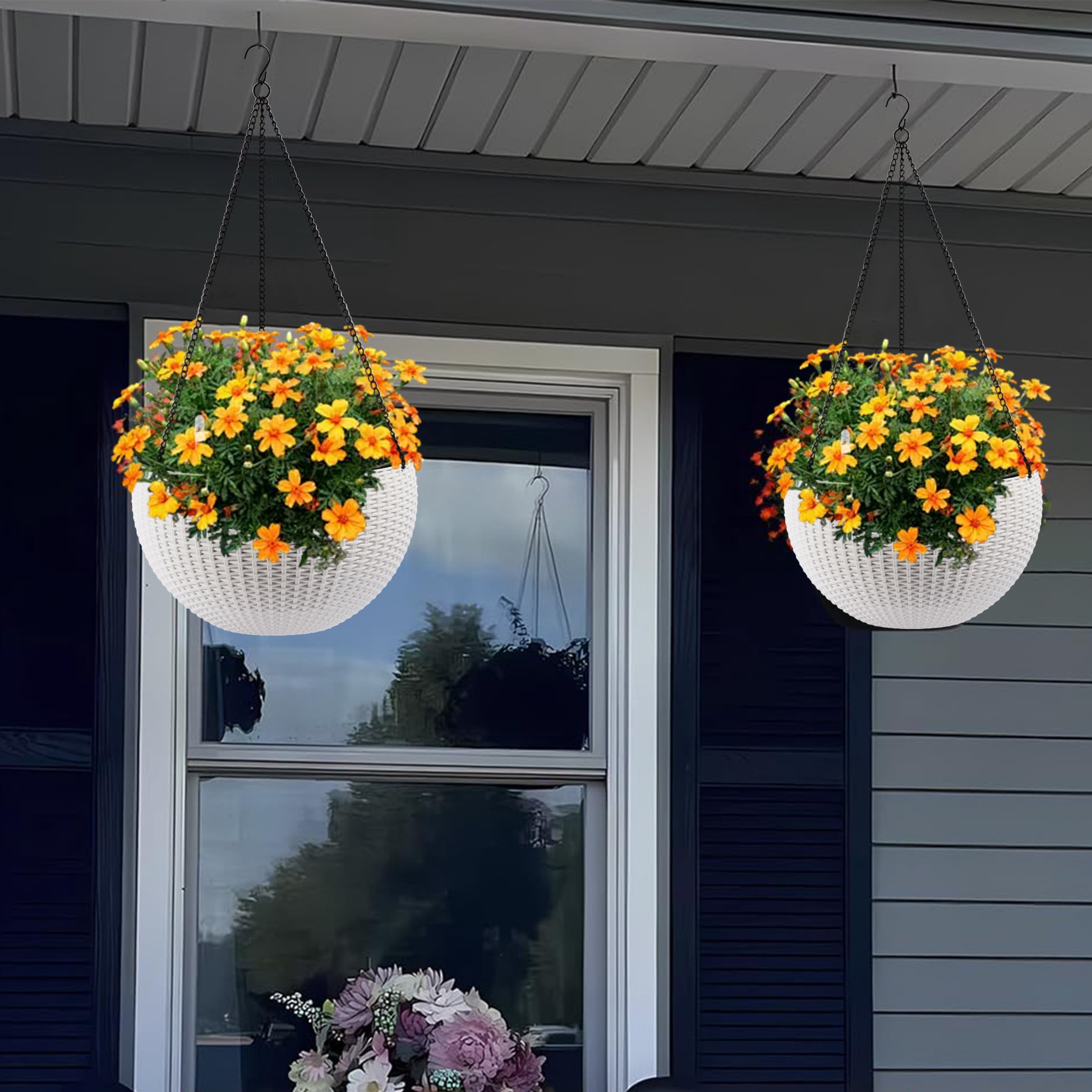 Noble House 2 Pack 13.4" Self-Watering Hanging Planters, Rattan-Style Flower Pots, White