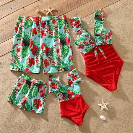 

PatPat Easter Mommy and Me Family Matching Allover Tropical Plant Print Spliced One-piece Swimsuit and Swim Trunks