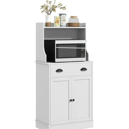 Kitchen Storage Cabinet with Hutch | Store Decorations Dishes Pans | Beadboard Design for Style | Wipe - clean Surface