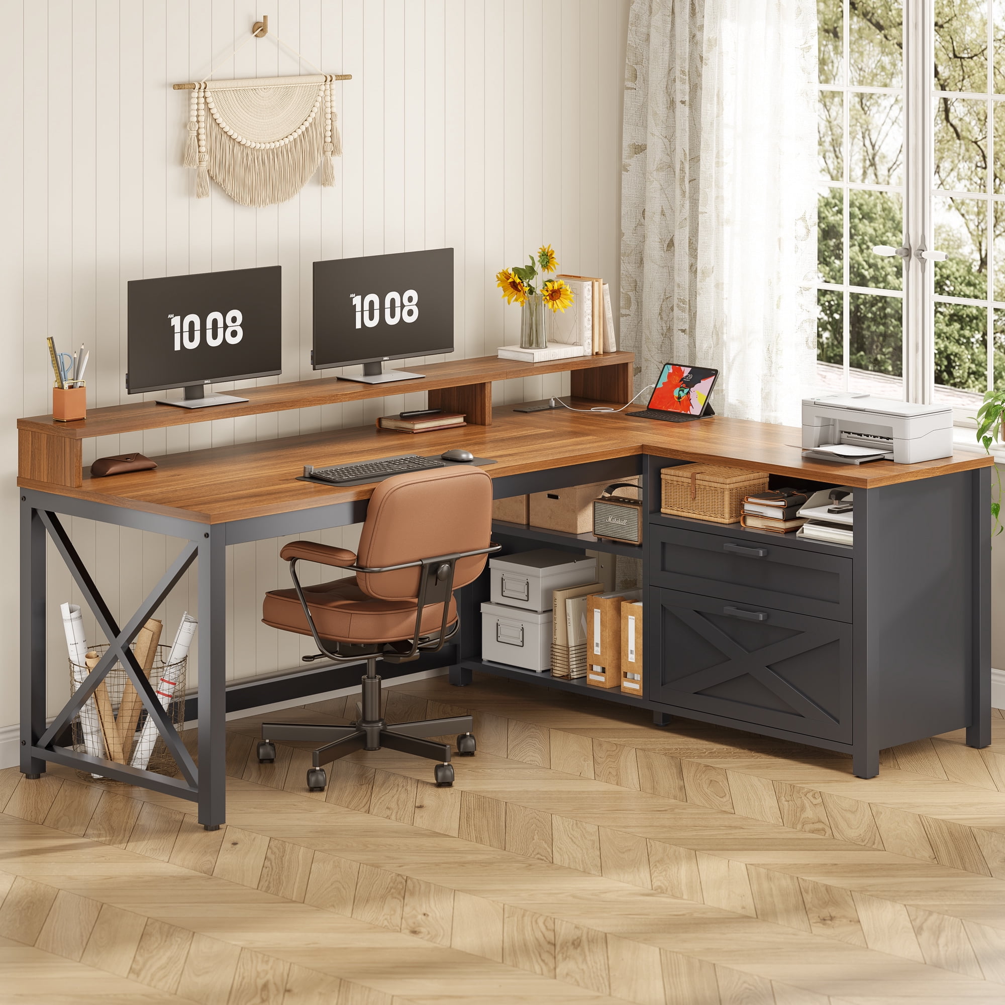Farmhouse L Shaped Computer Desk with Drawers and Storage Shelves, 55" L Shaped Gaming Desk with LED Lights, Home Office Desk