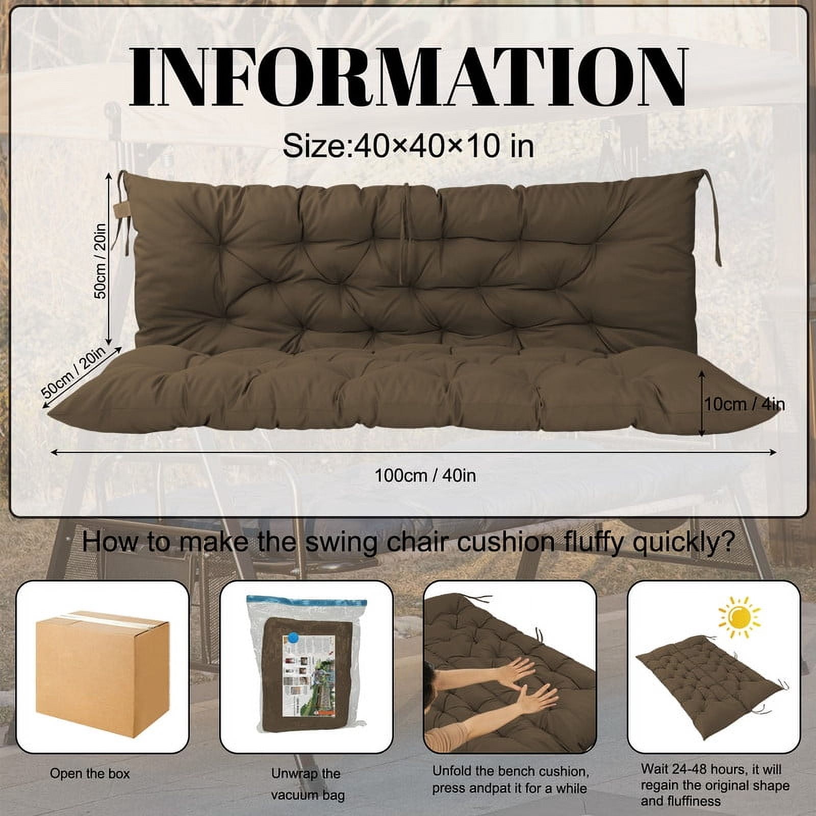 SDJPOI 2-3 Seater Porch Swing Replacement Cushion, Thicken 4" Waterproof Outdoor Bench Cushions with Backrest for Outdoor Furniture
