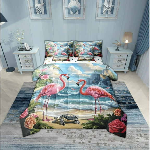 Erosebridal Marine Turtle Bedding Sets Twin Size,Pink Flamingo Comforter Sets with Sheets,Summer Beach Decoration,Reversible,Breathable,7pcs