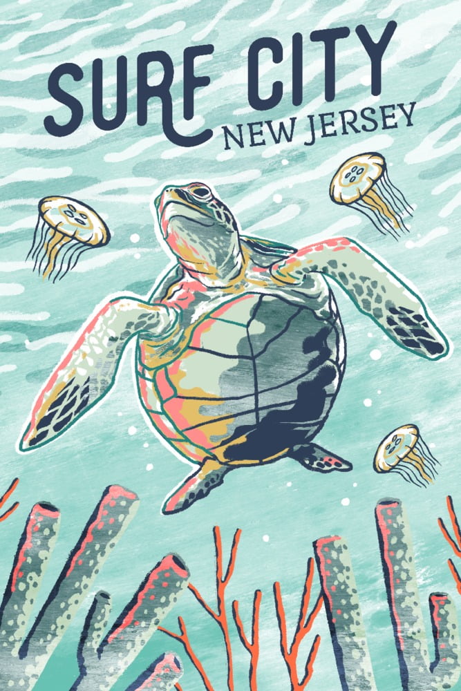 Surf City, New Jersesy, Graphic Pastel, Sea Turtle (16x24 Giclee