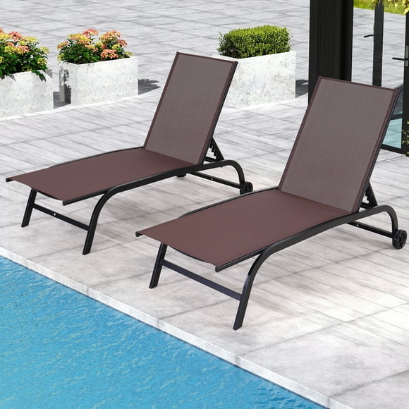 Yoleny 26" Wide Patio Lounge Chair with Wheels, Pool Lounge Chairs Set of 2 with Adjustable Backrest, Waterproof Textilene Outdoor Lounge Chairs for Patio Poolside Deck, Brown
