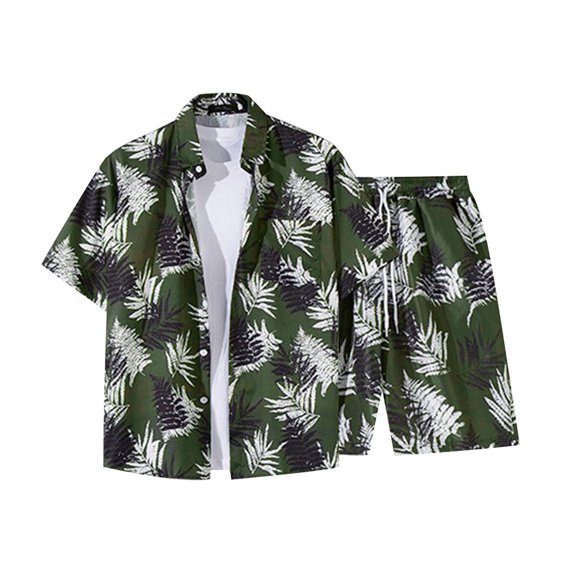 IROINNID Men's Hawaiian Tropical Print Button Down Shirt and Drawstring Shorts Set with Turndown Collar Pockets for Summer Beach Vacation Wear