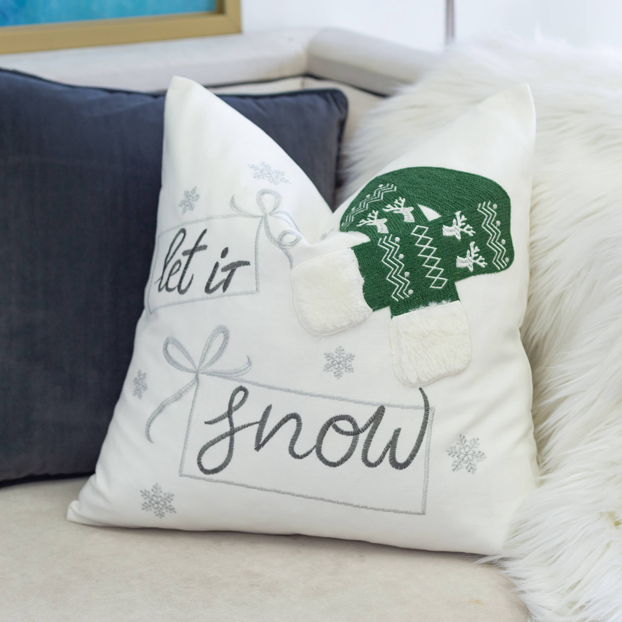 Let It Snow Embroidered Throw Pillow with Green Knit Hat 20x20 Inch Cotton Holiday Decor
