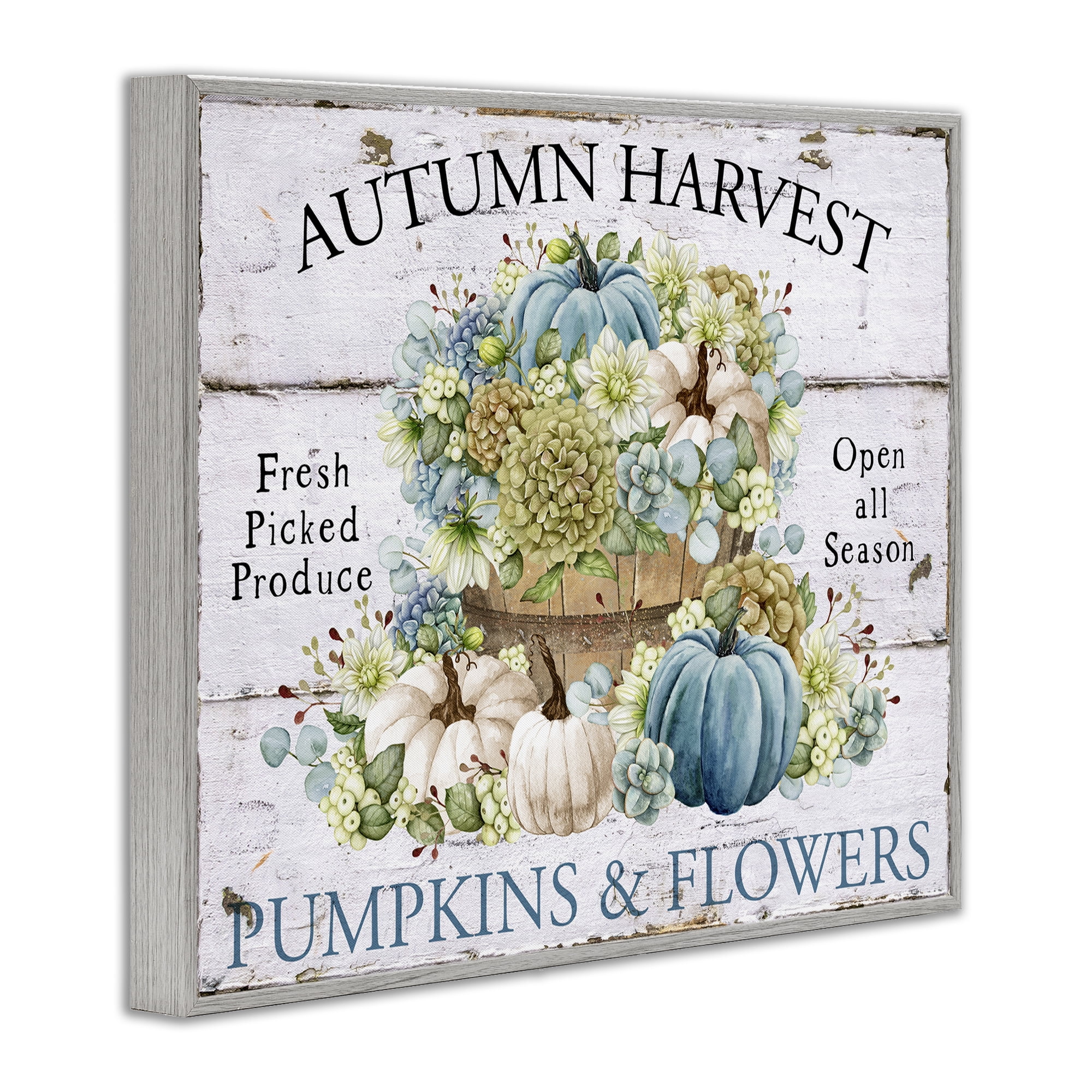 Stupell Industries Pumpkins & Flowers Harvest Holiday Painting Gray Framed Art Prints Wall Art, 20 x 16