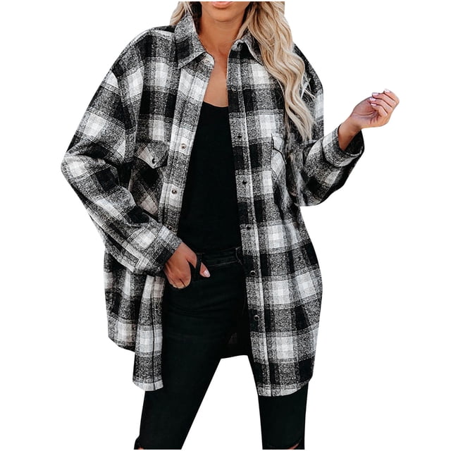 vdgthytj Womens Plaid Shackets Fall Casual Long Sleeve Collared Button down Shirts Ladies Plus Size Casual Jackets