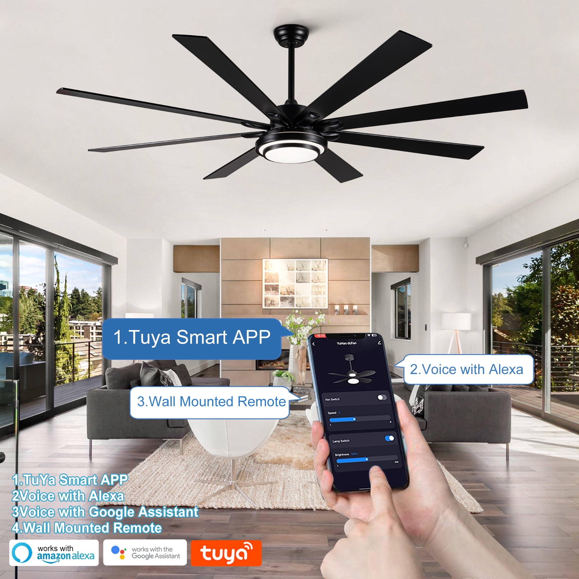 Leumius 72" Ceiling Fan with Lights and Remote,Integrated LED Matte Black Large Smart Ceiling Fan with Quiet DC Motor, 6 Speeds for Indoor Outdoor Large Room