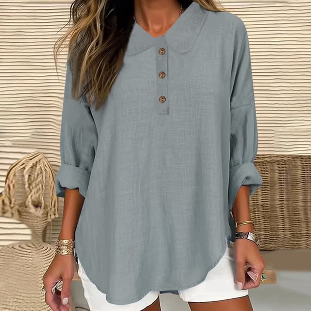 Blouses pour Femmes Couleur Décontractée Mode T-Shirt Manches Longues Boutons Hauts Coton et Lin Blouse