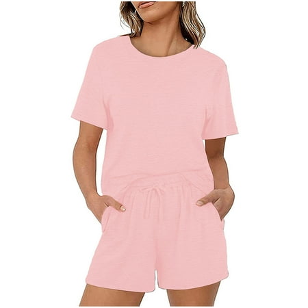

WXLWZYWL Women’s Pajamas Set Short Sleeve Tops with Cute Front Tie Short Lounge Set Casual Soft Solid Two Piece Outfitsvacation outfits for women teen girl gifts Summer Clearance