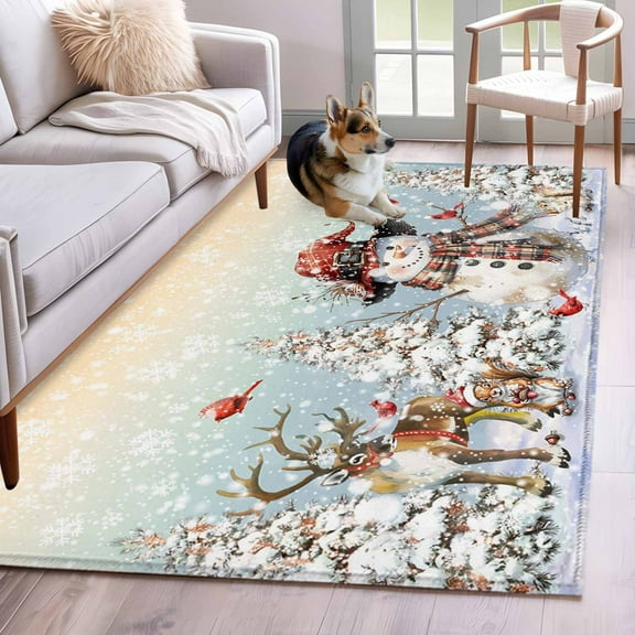 Christmas Snowman Area Rug 3x5 Washable Rug Non Slip Xmas Elk Tree Snowflake Birds Large Area Rug Indoor Floor Carpet for Entryway Bedroom Kitchen Living Room Home Office Dining Room Nursery