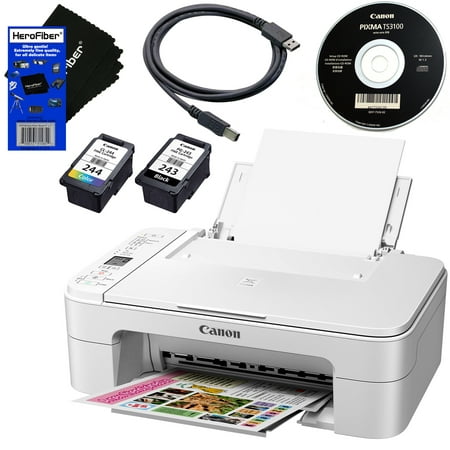Canon PIXMA TS3120 Wireless All-in-One Compact Inkjet Printer for Home Use with Print, Scan, Copy (White) + Set of Ink Tanks + USB Printer Cable + HeroFiber Ultra Gentle Cleaning