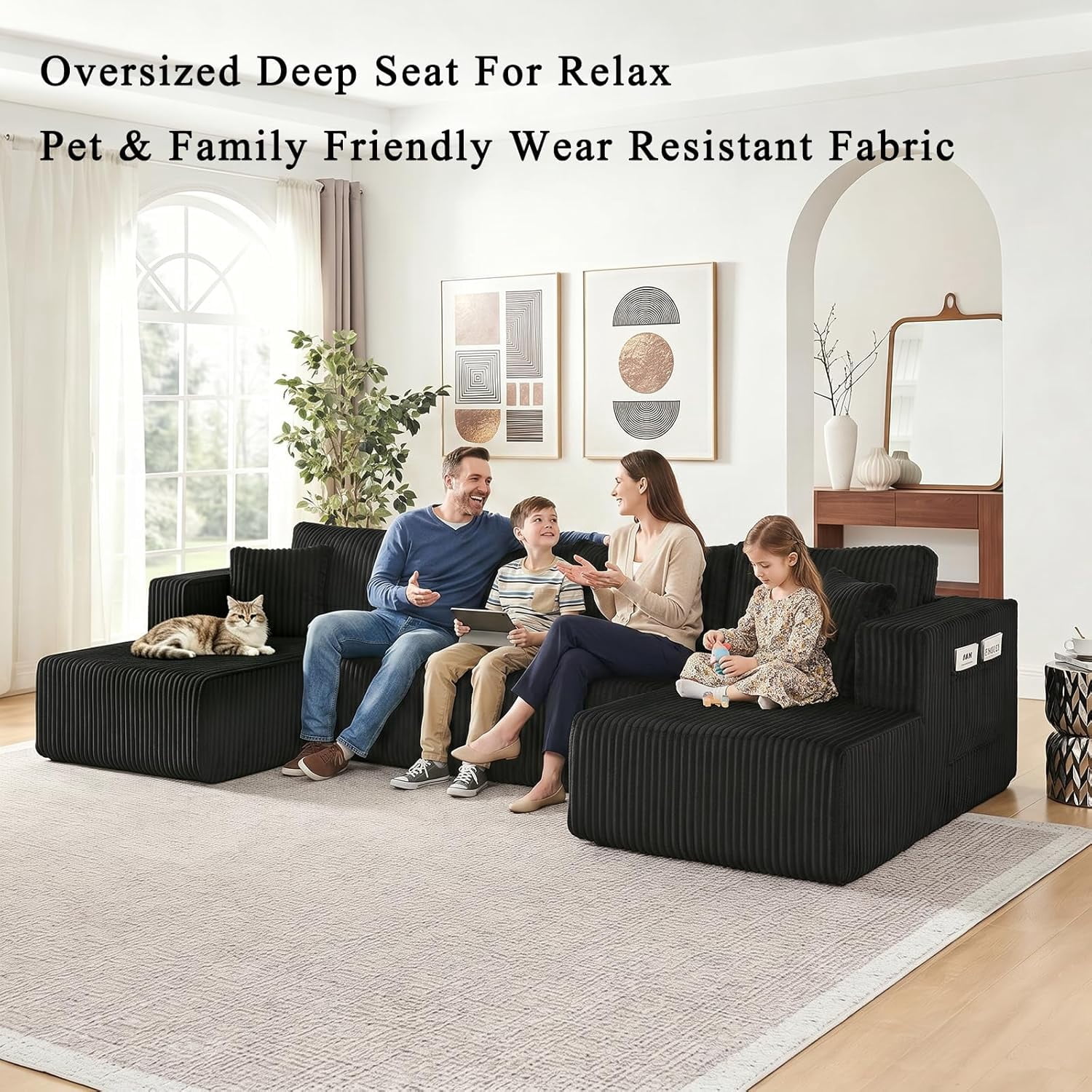 Howcool 132" Boneless Cloud Sectional Couches for Living Room, U Shaped Couch with Deep Seat Chaise, High Density Foam Compression Sofa, Modular Corduroy Sleeper Sofa Bed,No Assembly,Black