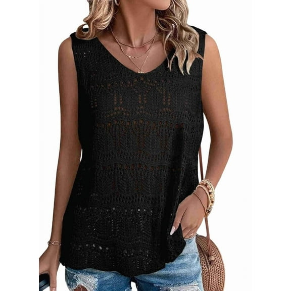 Women Summer Tank Top Trendy V Neck Crochet Sleeveless Shirts Sweater Vest Black S