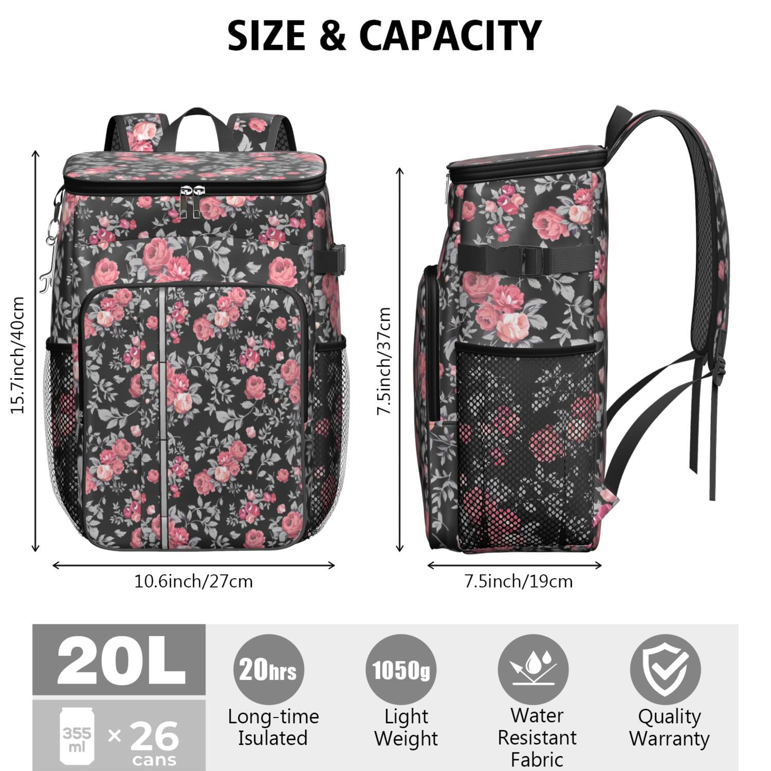 Travel Cooler Bag - Pioneer Flower Floral Print Pattern Camping Beer Cooler Backpack with Bottle Opener- Waterproof Insulated Picnic Backpacks - Cooler Bag for Beach