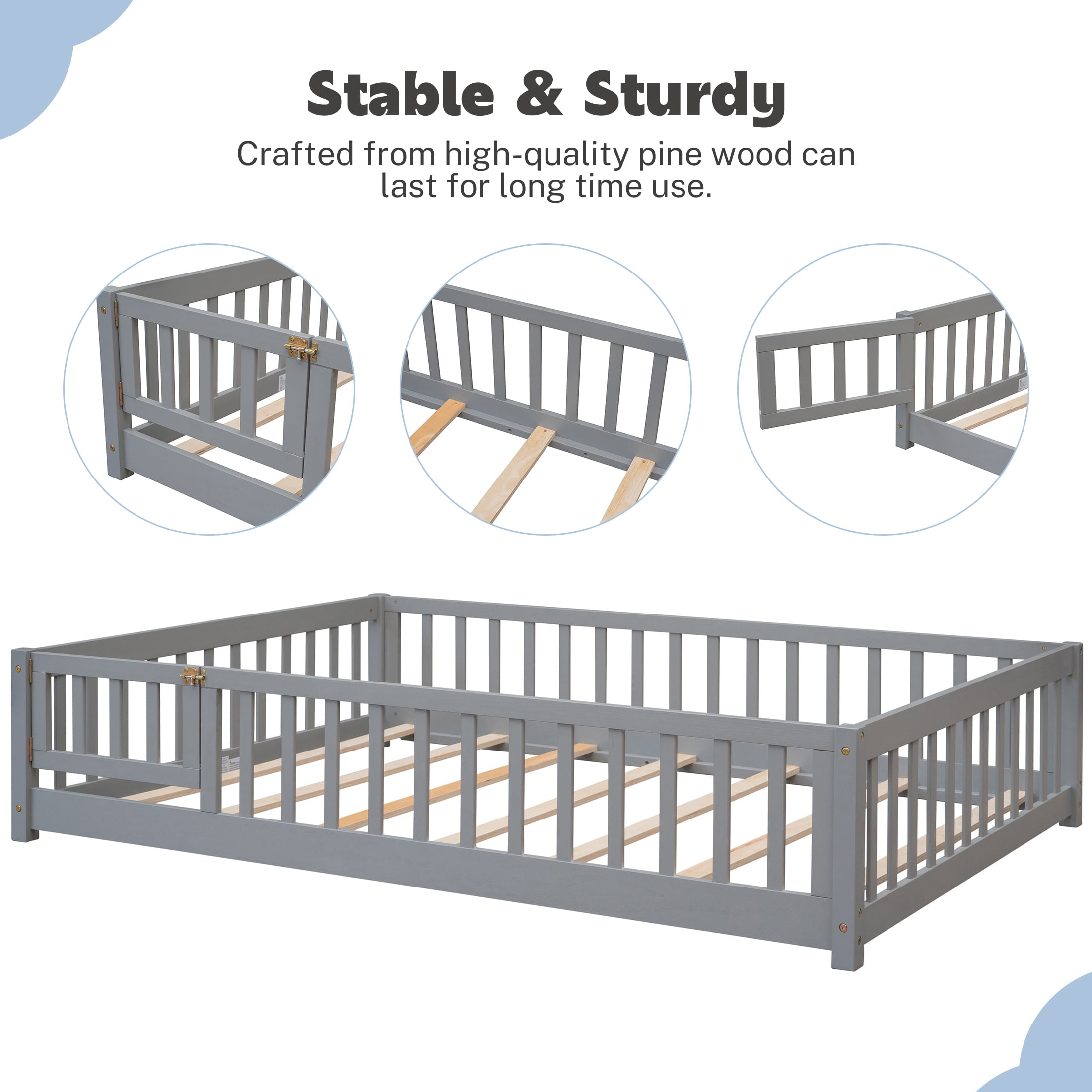 PAPROOS Full Montessor Floor Bed, Solid Wood Toddler Bed with Safety Guardrail and Door, Easy Assembly, Low-to-Floor Bed Frame with Slats for Kids, Gray